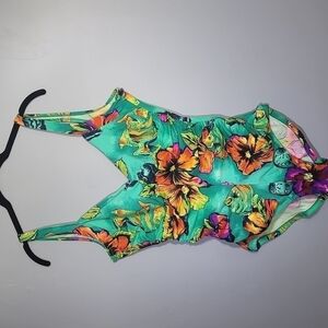 VINTAGE 70's, 80's Gabar Floral Mint Green Ruched One Piece Swimsuit